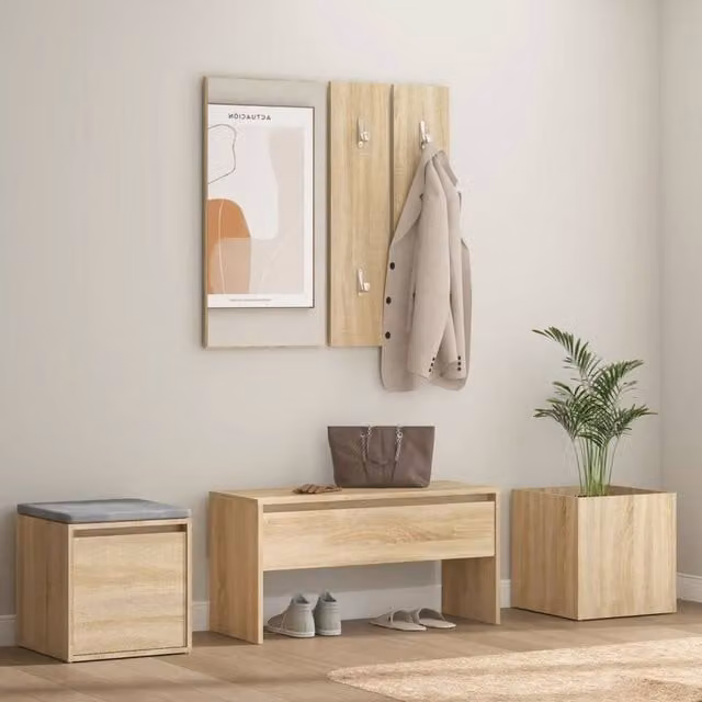 Berkfield Home Modern Hallway Furniture Set in Sonoma Oak and Beige, including Bench, Mirror and Wall Rack