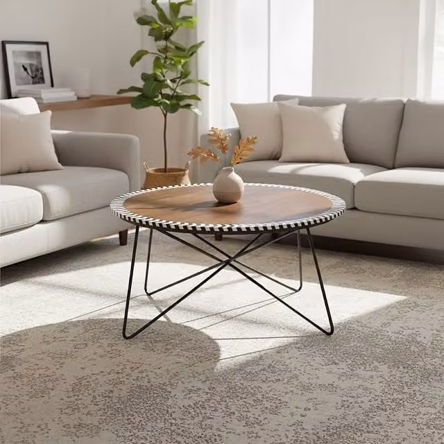 Orsina Round Acacia Wood Coffee Table in Brown and Black, W/D/H: 90 x 48 x 48 cm