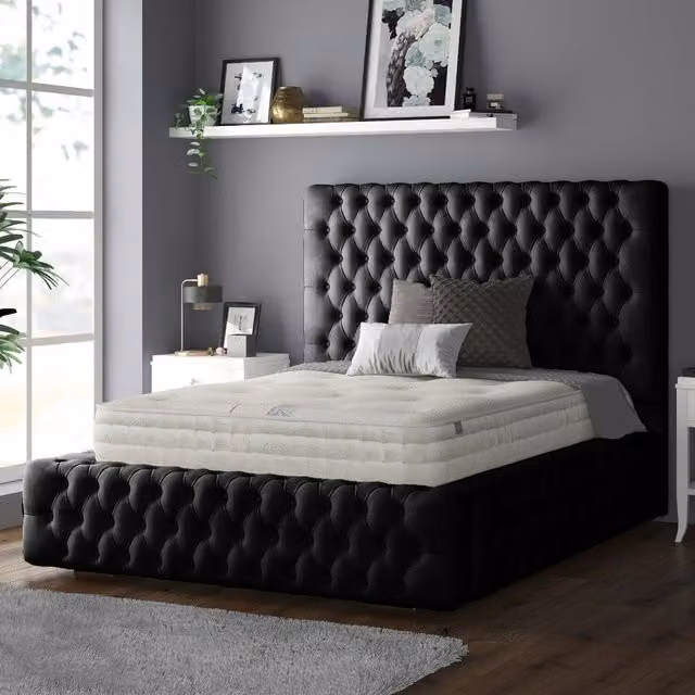 IH Design Royal Cushioned Chesterfield Plush Velvet Bed Frame, Black, W/D/H: 90 x 190 cm