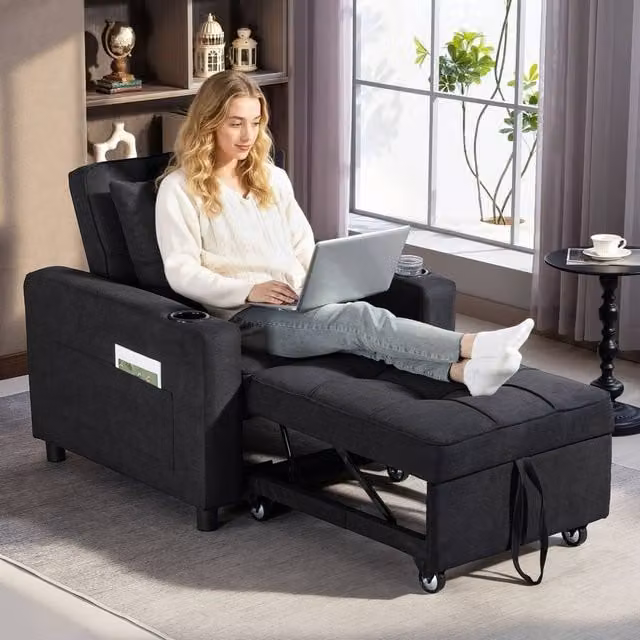 HOMCOM 3-in-1 Convertible Sofa Bed and Sleeper Chair with Adjustable Backrest in Black