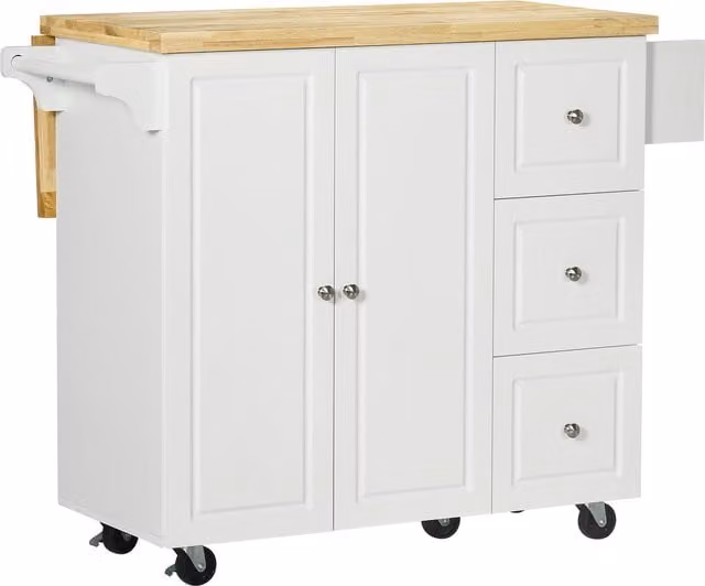 HOMCOM White Drop-Leaf Kitchen Island on Wheels with Utility Storage Cart, Drawers and Cabinet