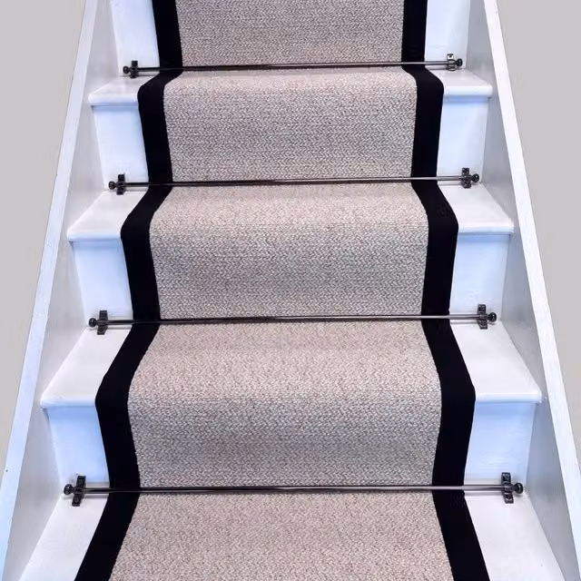 RainbowHome Keswick Cream Fleck Weave Stair Runner with 100% Cotton Black Border in Beige, W: 50 cm x L: 600 cm