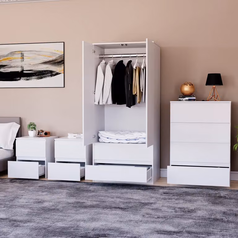Vida Designs Denver 4-Piece Modern White Bedroom Set including Wardrobe, 4-Drawer Chest and 2 Nightstands