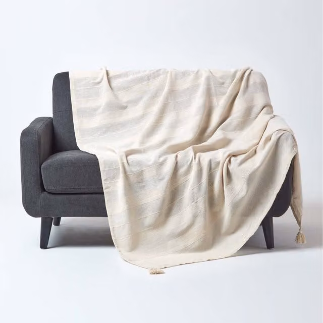 Homescapes Cotton Rajput Ribbed Woven Throw in Beige and Yellow