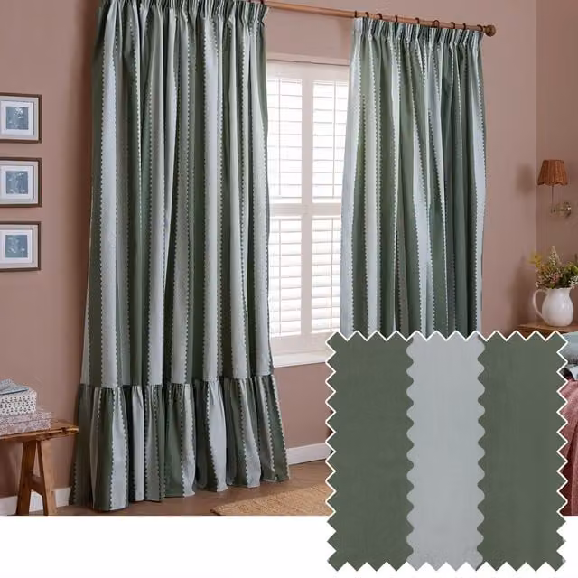 Make It A Home Birdie Stripe Fully Lined Ruffle Pencil Pleat Curtain Pair in Bay Green-Mist, H: 183 cm, W: 229 cm