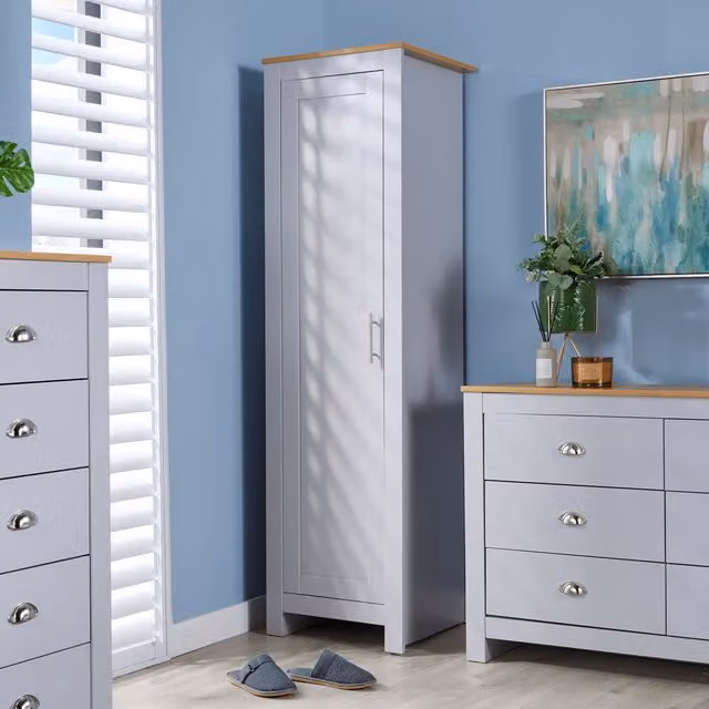 Home Source 1 Door Wardrobe with Oak Top and Internal Shelving in Grey and White