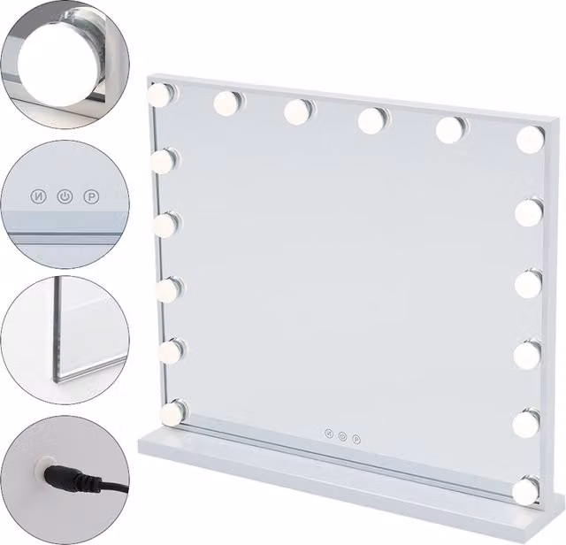 Livingandhome Adjustable Rectangular Hollywood Makeup Mirror in White with LED Bulbs and Touch Control