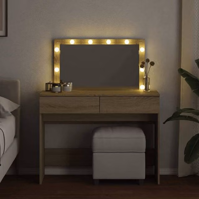 Berkfield Home Beautiful Hollywood LED Dressing Table in Sonoma Oak and Beige, W/D/H: 100 x 40 x 120 cm
