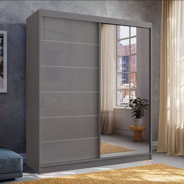 MN Furniture Grey High Gloss Sliding Mirror Wardrobe with Integrated LED Lighting, W: 200 cm, H: 200 cm