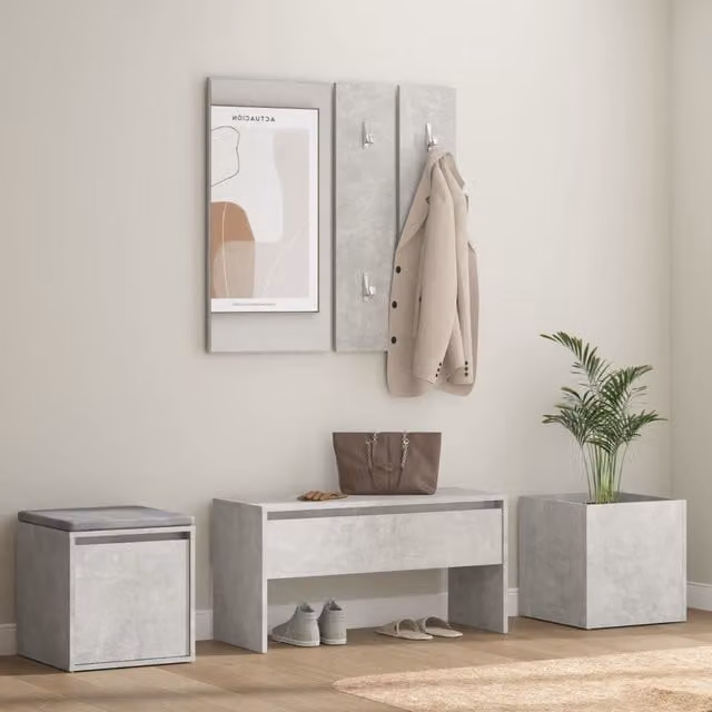 Berkfield Home Modern Hallway Furniture Set in Concrete Grey MDF with Bench, Mirror and Wall Rack