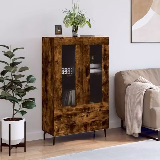 Berkfield Home Modern Smoked Oak Highboard in Brown with Glass Doors, W/D/H: 69.5 x 31 x 115 cm