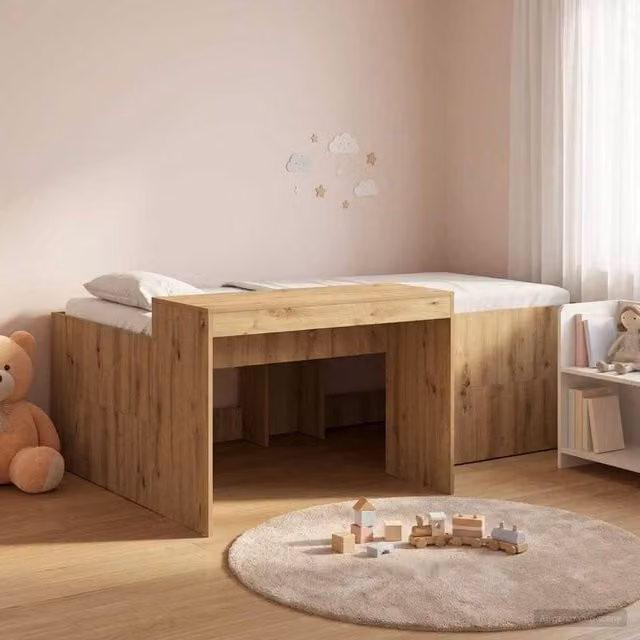 Berkfield Home Kids High Bed Frame with Desk in Artisan Oak Brown, W: 75 cm x L: 190 cm
