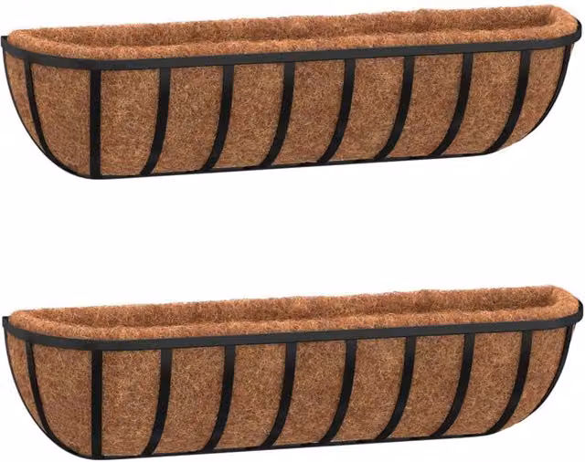 Berkfield Home Steel Wall Trough Planters with Coco Liners, Black, 2 Pack, W/D/H: 76 x 21 x 16 cm