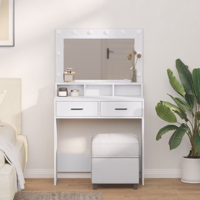 Berkfield Home Modern White Dressing Table with Hollywood LED Lights, W/D/H: 79 x 41 x 135 cm