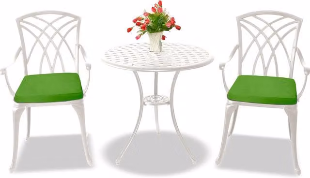 OSHOWA White Powder Coated Aluminium Garden Bistro Set with Round Table and 2 Chairs featuring Green Weather Resistant Cushions