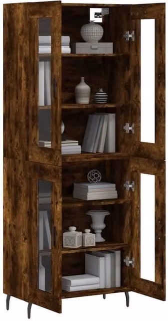 Berkfield Home Smoked Oak Highboard in Brown with Glass Doors, W/D/H: 69.5 x 34 x 180 cm