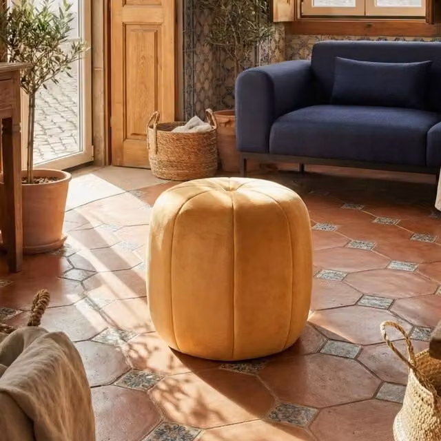 Wyld and Coco Mustard Yellow Velvet Round Cylindrical Pouffe