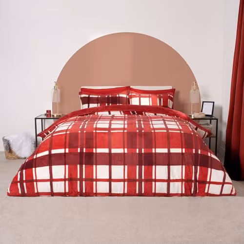 OHS King Size Checked Teddy Fleece Duvet Cover Set with Pillowcases, Red