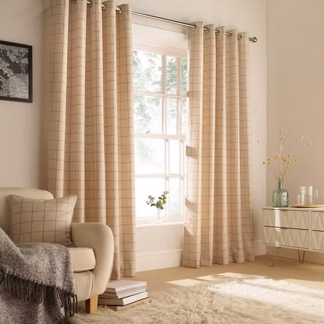 Make It A Home Ellis Check Thermal Insulating Eyelet Curtain Pair in Natural/Yellow/Beige, Height: 229 cm, Width: 168 cm