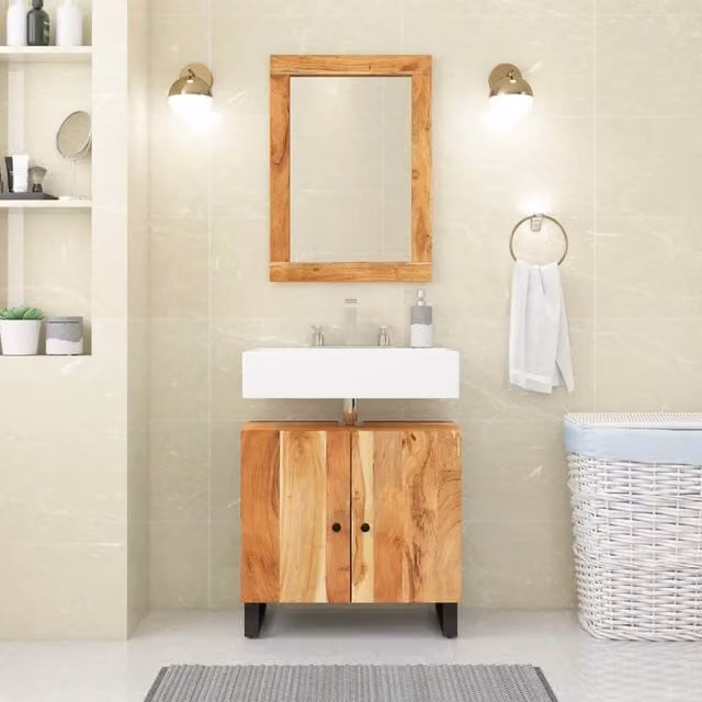 Berkfield Home Brown Acacia and Engineered Wood Freestanding Bathroom Sink Cabinet with Hinged Doors, W/D/H: 62 x 33 x 58 cm