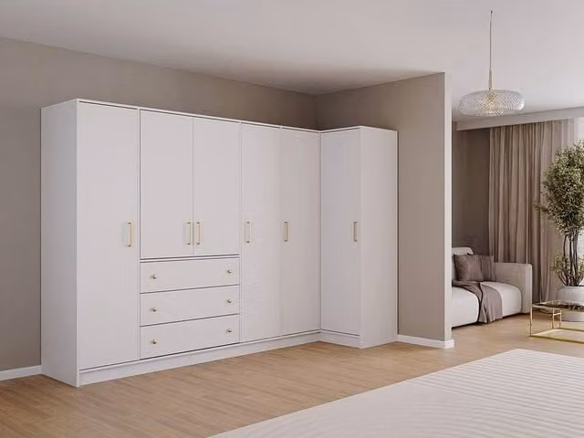 Vente-unique Modern White Corner Wardrobe with 6 Soft-Close Doors and 3 Drawers, W: 311 cm, H: 200 cm, D: 58 cm