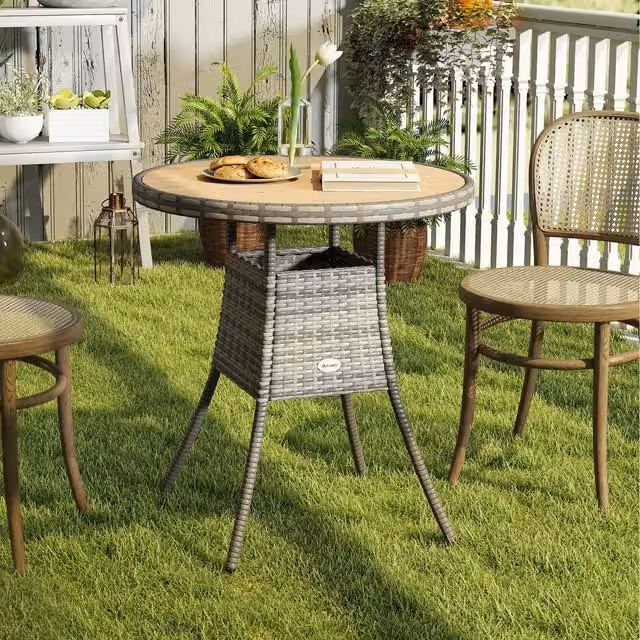 Outsunny Round Rattan Dining Table with Slatted Wood-plastic Composite Top in Brown or Grey, Diameter: 70 cm