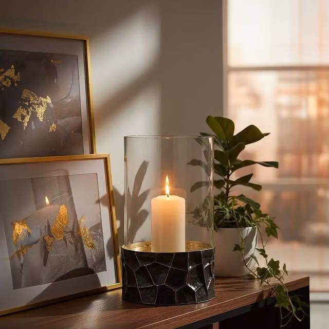 Orsina Black and Gold Geometric Round Pillar Candle Holder