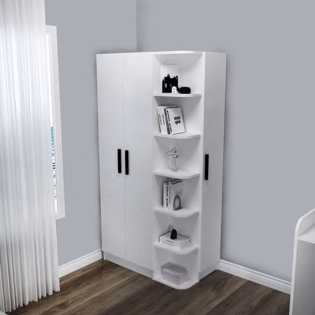 Destina Home Luses Compact Corner Wardrobe with Cabinets, Shelves and Hanging Rod in White