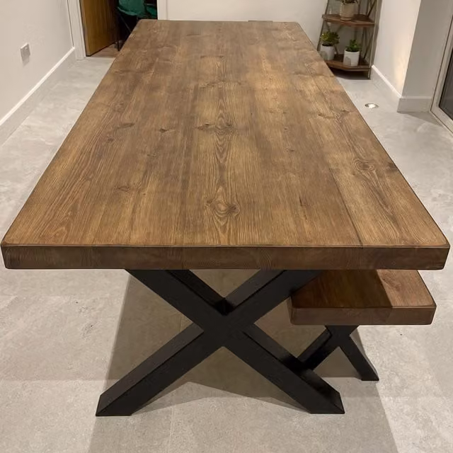 TRL Handmade Furniture Jacobean Chunky Dining Table in Brown Pine Wood with X-Frame Legs, W/D/H: 240 x 120 x 7.5 cm