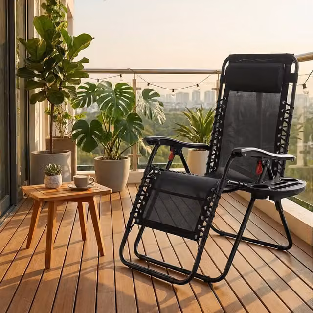 SONGMICS Set of 2 Black Zero Gravity Chairs with Armrests and Side Trays