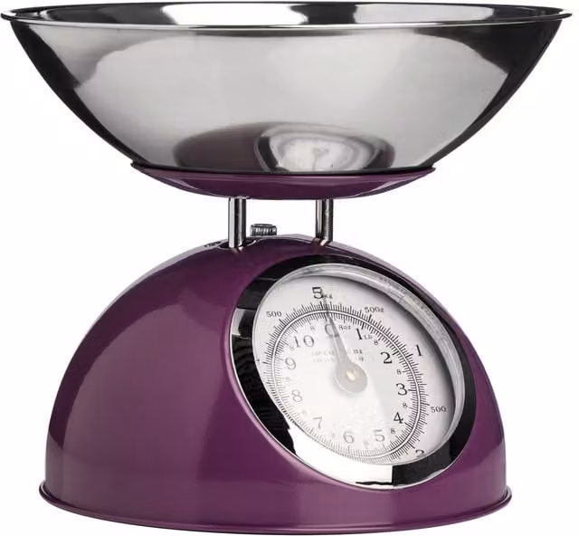 Orsina Premium Retro Style Manual Kitchen Scale, 5kg Capacity, Silver and Purple Metal Construction with Analog Display