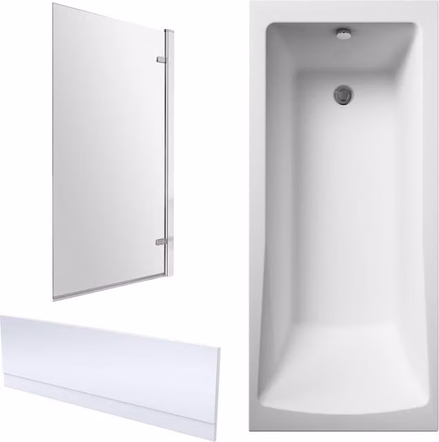 Balterley Square Single Ended Rectangular Bath with Panel and Chrome Hinged Screen, White, W/D/H: 170 x 75 x 51 cm