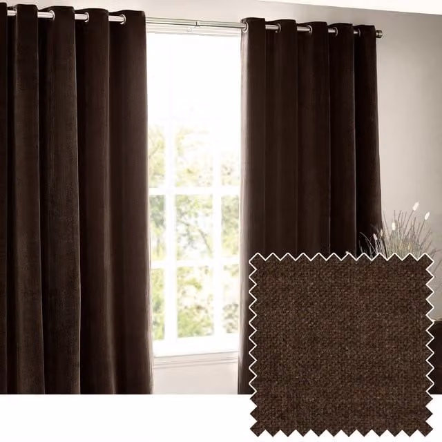 Make It A Home Brown Chenille Velvet Room Darkening Eyelet Curtains W: 183 cm