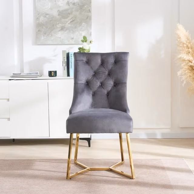 Life Interiors Ambra Modern Velvet Dining Chairs Set of 6 with Gold Legs and Ring Handle Tufted Detail in Grey