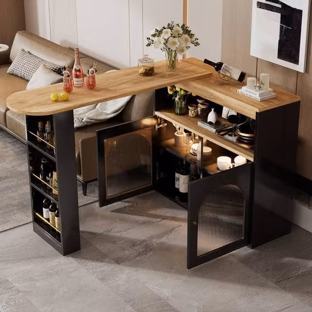 Merax Rotating Breakfast Bar Table with LED Light and Storage in Black