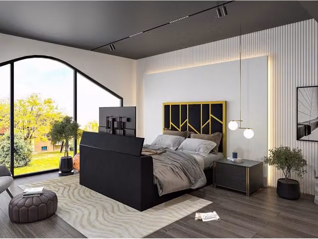 Casani Anji Luxe Metal TV Bed Frame in Yellow Plush Velvet Fabric, Superking Size 200 x 200 cm