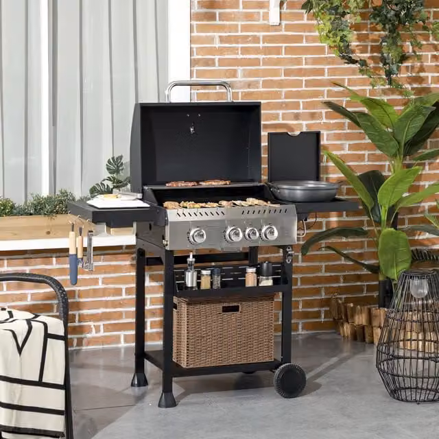 OUTSUNNY Propane Gas Barbecue BBQ Grill with Wheels, Warming Rack and Thermometer, Black, W/D/H: 123 x 103 x 52 cm