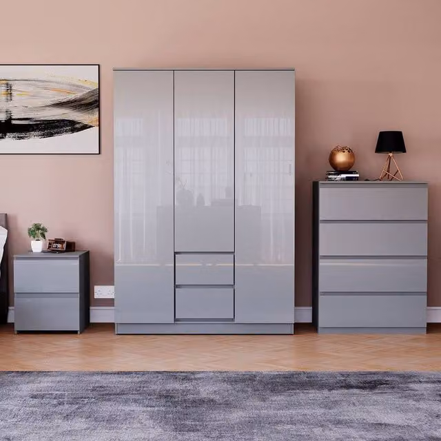 HD Designs Vida Designs Glinton 3 Piece Grey Glossy Modern Bedroom Set Including Wardrobe, Chest of Drawers and 2 Drawer Bedside Chest