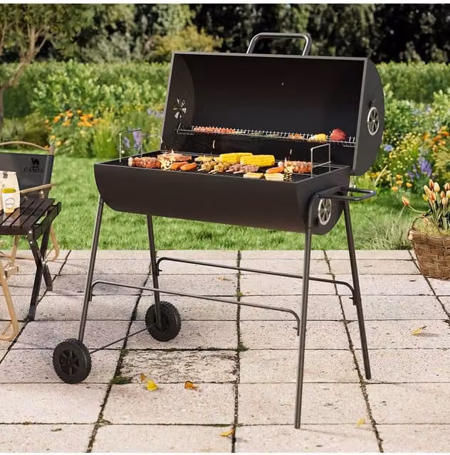 Living and Home Steel Charcoal Garden Grill with Wheels in Black, W/D/H: 79 x 68 x 90 cm