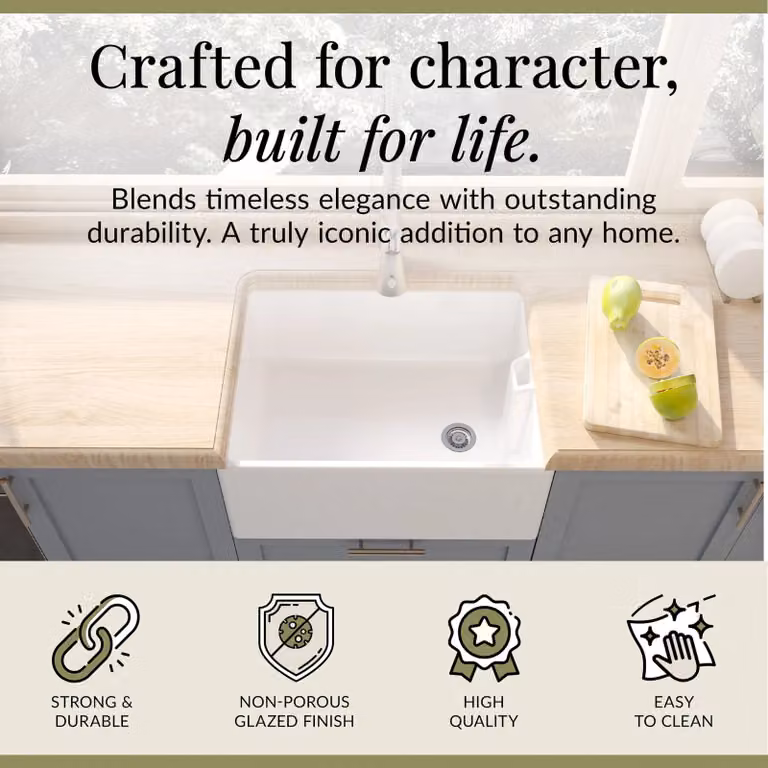 Balterley White Ceramic Fireclay 1 Bowl Belfast Kitchen Sink with Overflow, W: 61.5 cm, D: 46.2 cm