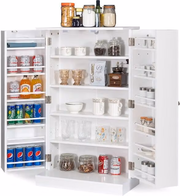 COSTWAY Modern White Kitchen Pantry Cabinet with Hinged Doors and Internal Shelves