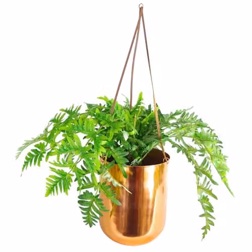 Leaf Design UK Hanging Copper Planter with Artificial Green Plant, Bronze and Green, W/D/H: 60 x 22 x 18 cm