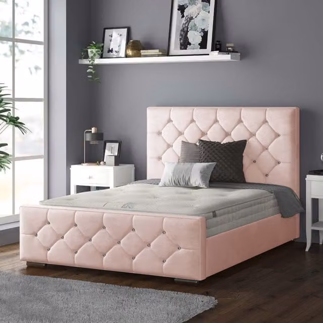 IH Design Belle Chesterfield Plush Velvet Bed Frame with Diamond Detail, Pink, W/D/H: 200 x 200 cm