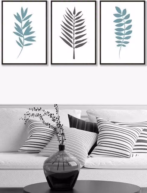 ARTZE Graphical Blue Grey White Botanical Leaves Framed Wall Art in Black, W: 53 cm, H: 73 cm, D: 2 cm