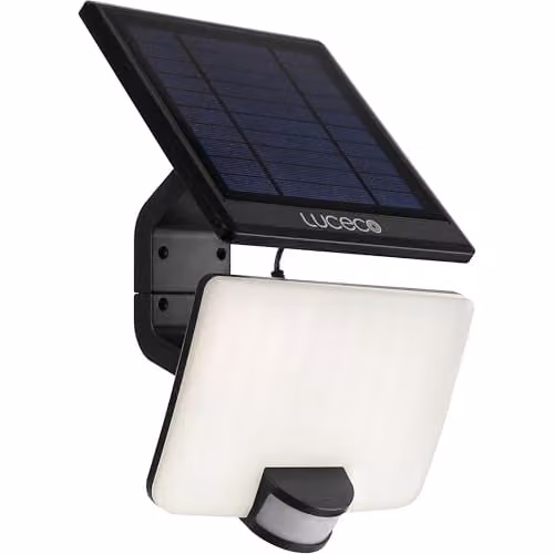 Luceco Solar Powered LED Outdoor Floodlight with PIR Motion Sensor, 1500lm, 11W, 4000K Cool White, Black, IP65, Adjustable