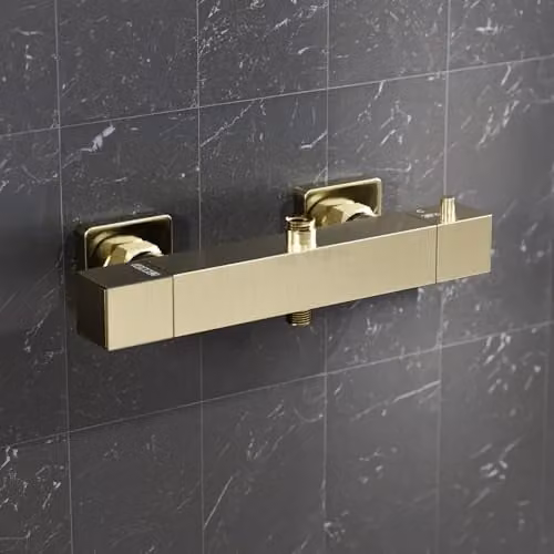 Nes Home Exposed Thermostatic Shower Mixer Bar Valve in Brushed Brass