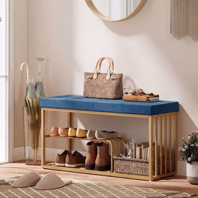 HOMCOM Modern Velvet Shoe Storage Bench with Tufted Seat Cushion in Blue