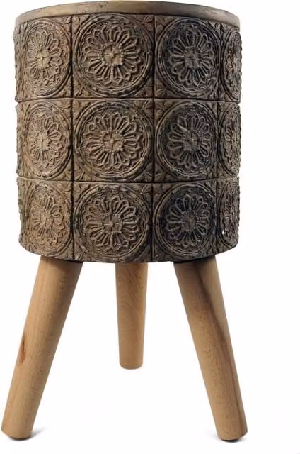 Leaf Rustic Geometric Round Tabletop Indoor Planter Cachepot in Brown, H 44.0 cm x W 26.0 cm x D 26.0 cm
