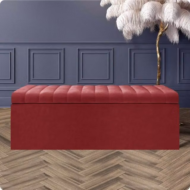 R&M Furnishers Safar Ottoman Storage Box, Striped Plush Velvet Upholstered Blanket Chest and End of Bed Bench in White and Red