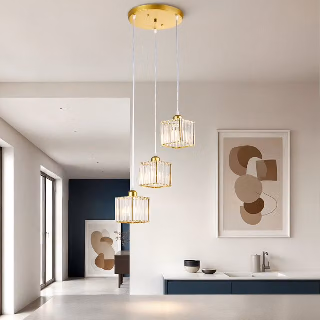 Livingandhome 3-Light Square Crystal Pendant Ceiling Light with Gold Finish